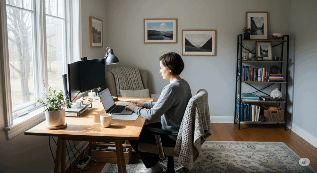 kobieta pracująca zdalnie z domu