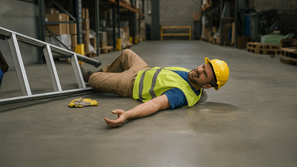 wypadek w pracy na magazynie. praconik leży na podłodze.