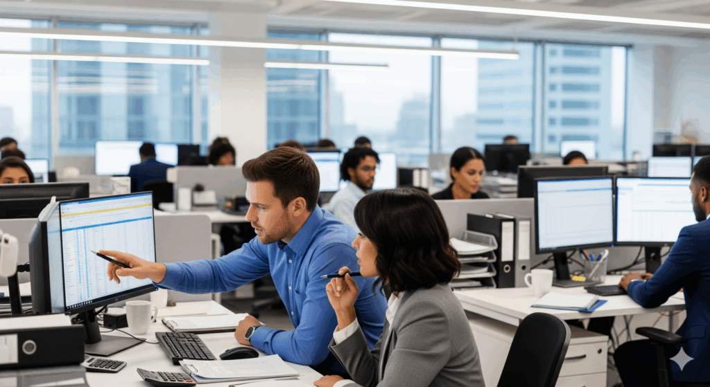 Księgowi analizujący kartę wynagrodzeń pracownika na komputerze