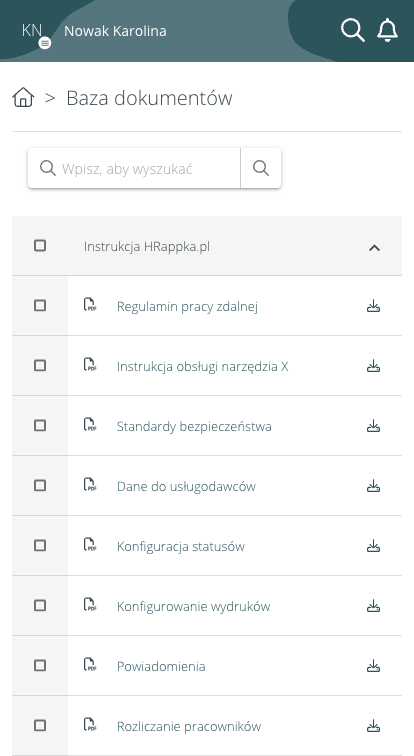 Baza dokumentów w aplikacji HRappka