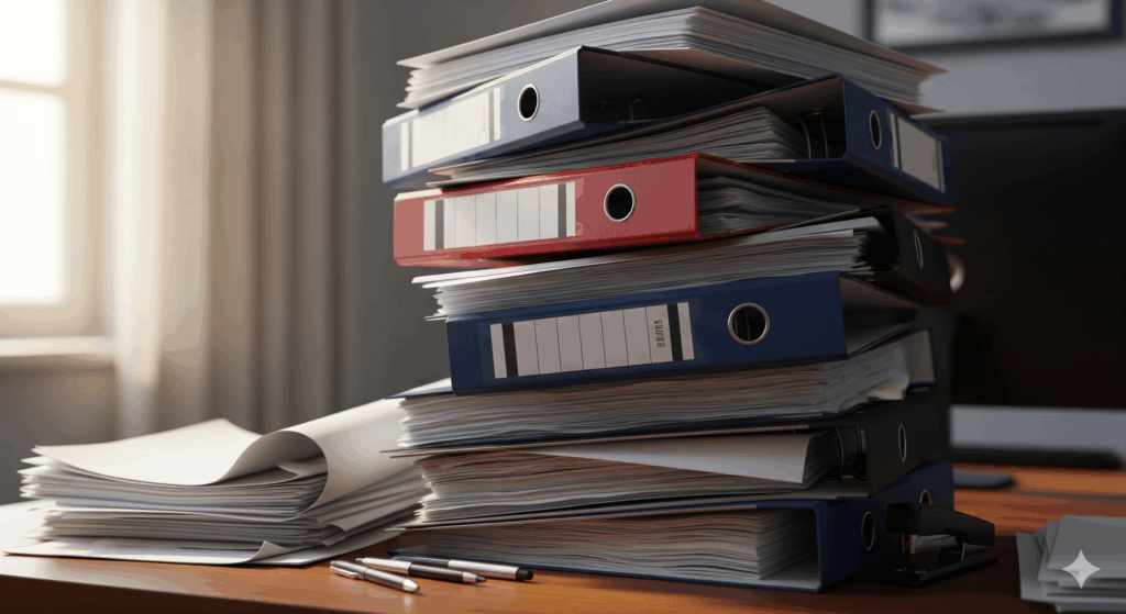Stos ustaw, dokumentów prawnych i rekrutacyjnych w segregatorach.