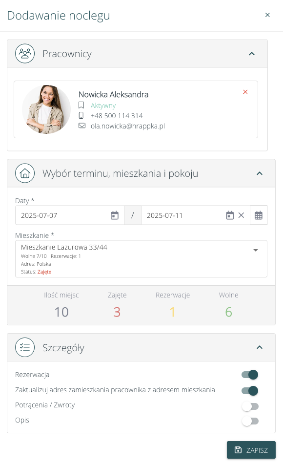 Mieszkania w systemie HRappka - dodawanie wpisu