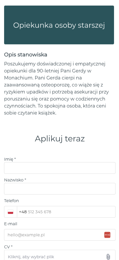 formularz aplikacyjny dla opiekunki w systemie HRappka