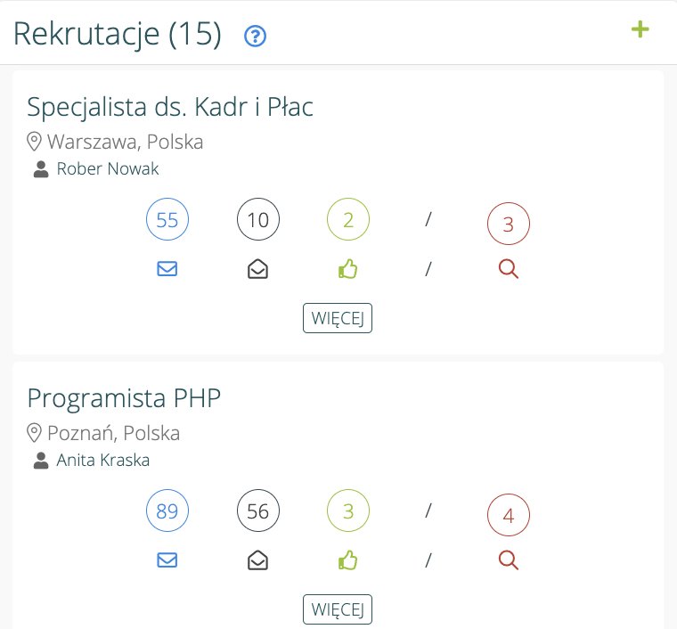 Widget rekrutacji na dashboardzie systemu do rekrutacji