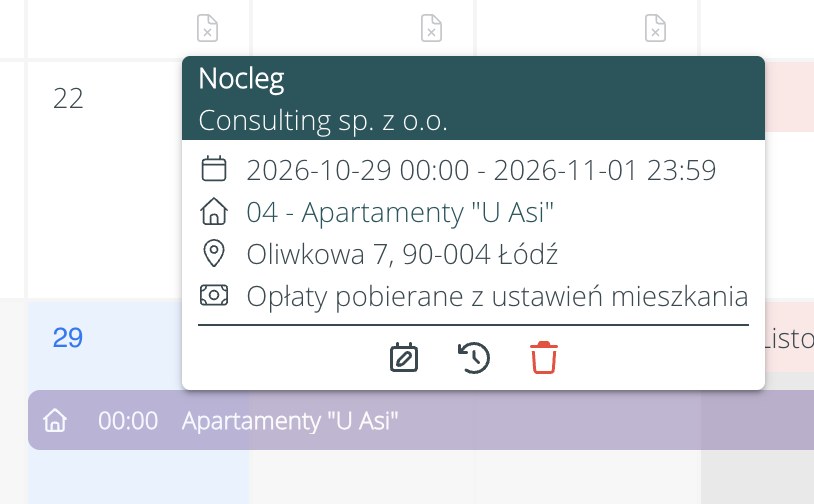 Kalendarz zakwaterowania w HRappce: nocleg pracownika w mieszkaniu, adres, termin i opłaty pobierane z ustawień mieszkania